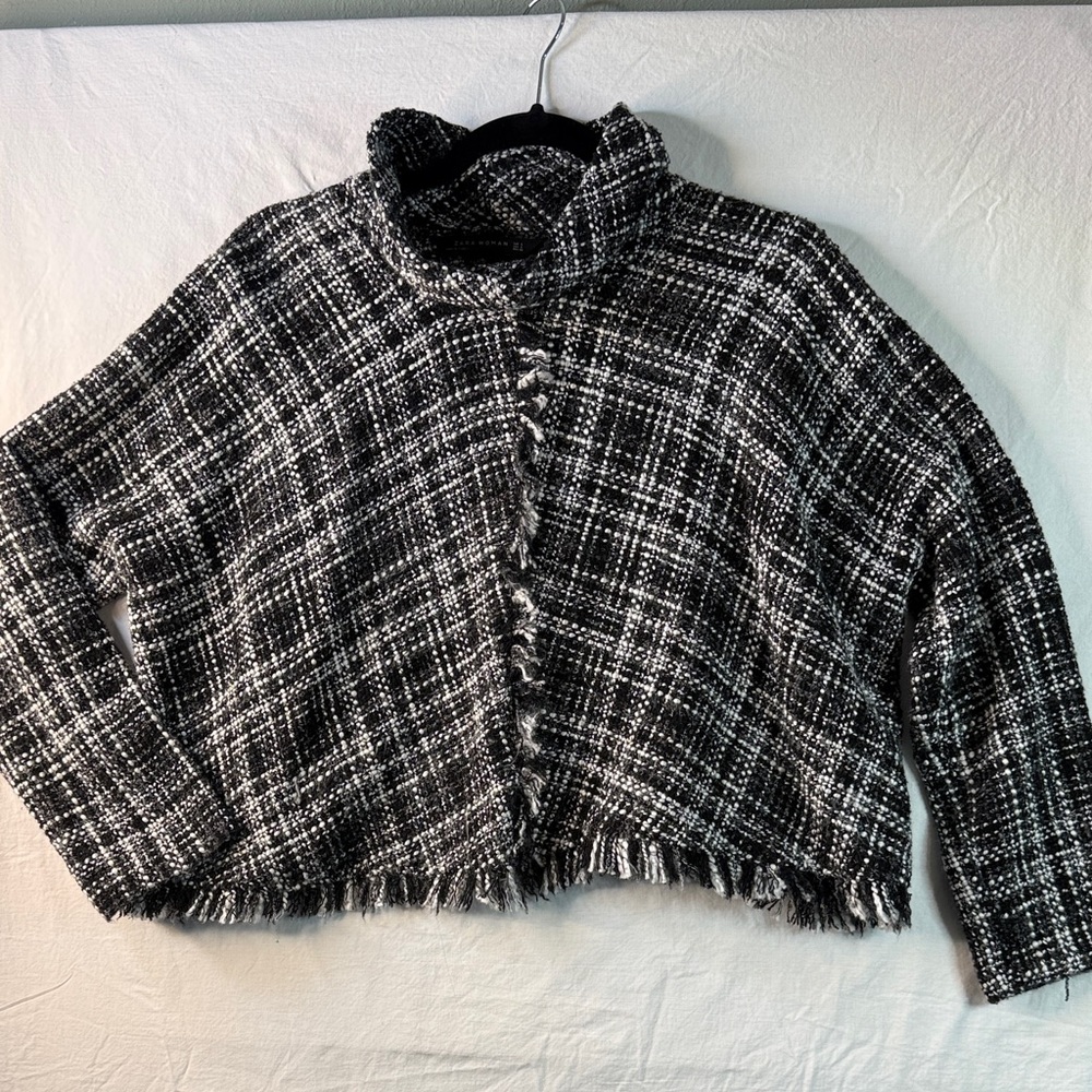 Zara Woman Black and White Tweed Fringe Jacket